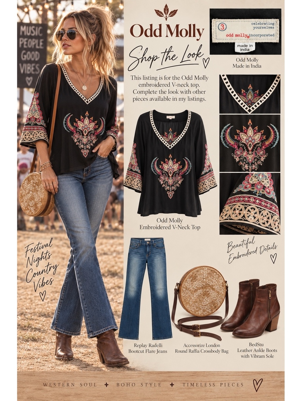 Odd Molly Embroidered Boho V Neck Tunic Top Black Large